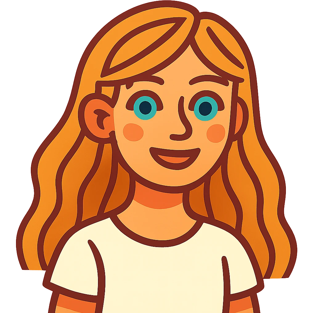 girl with long dirty blond hair, blue eyes, wearing a white top in vibrant toon style emoji