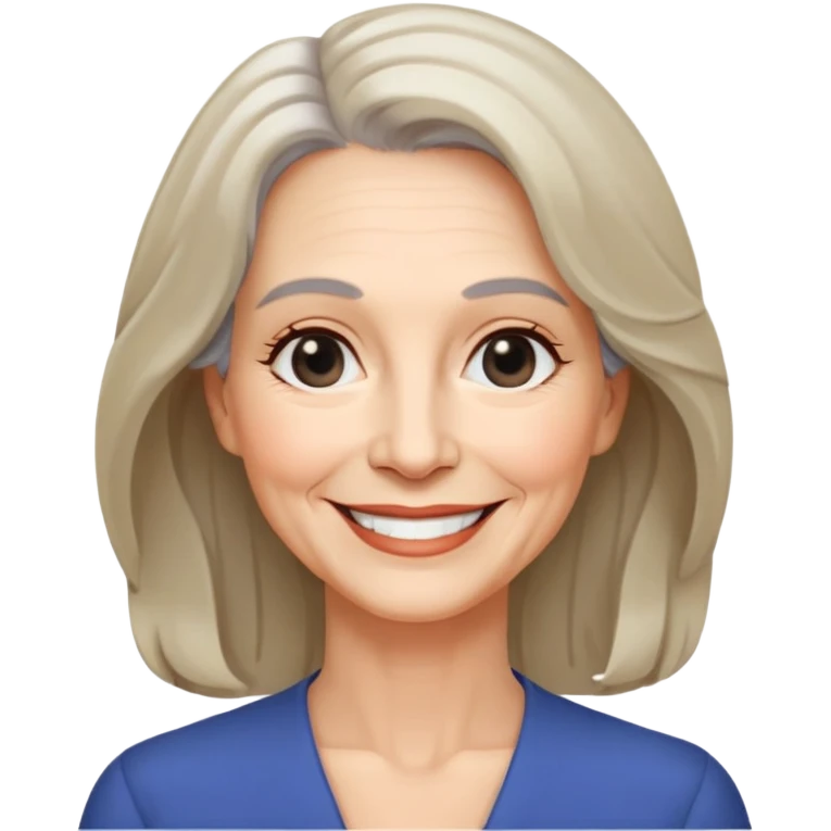 "- Nữ
- 60 tuổi
- Da trắng
- Tóc ngang vai, xoăn nhẹ
- Mặt cười, mắt đen emoji