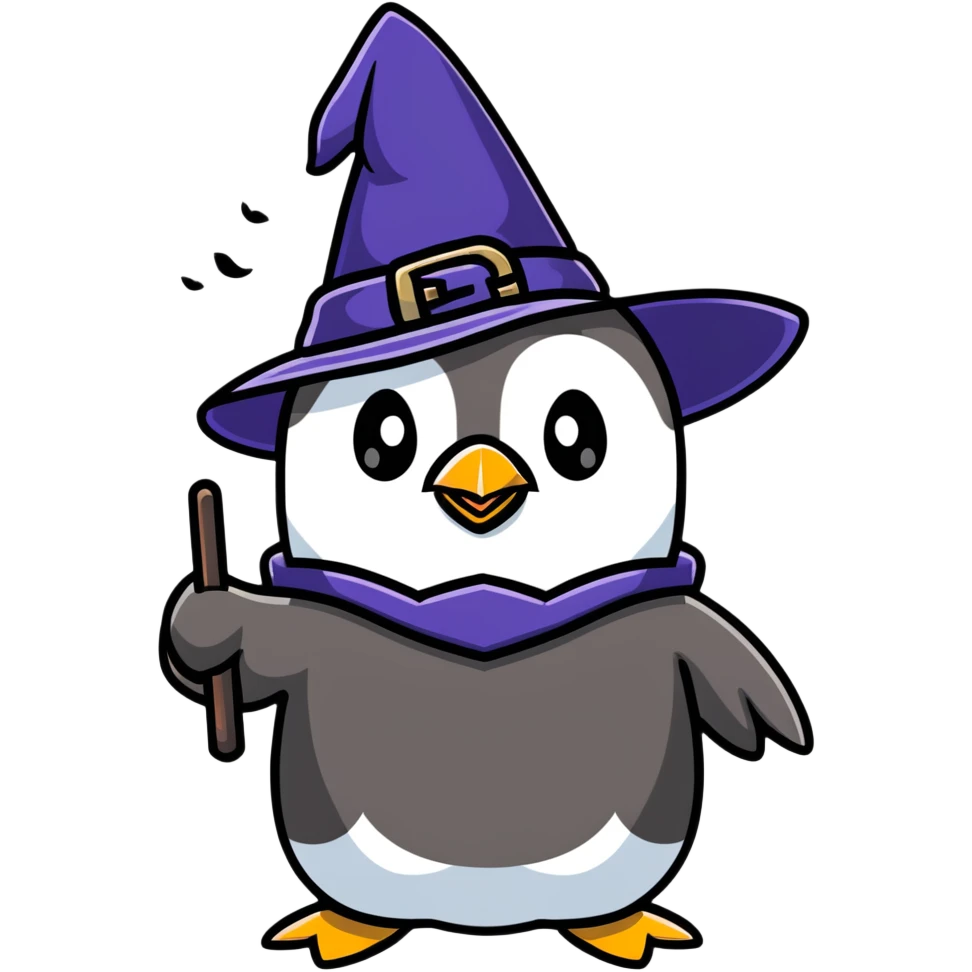 penguin with wizard hat casting a spell emoji