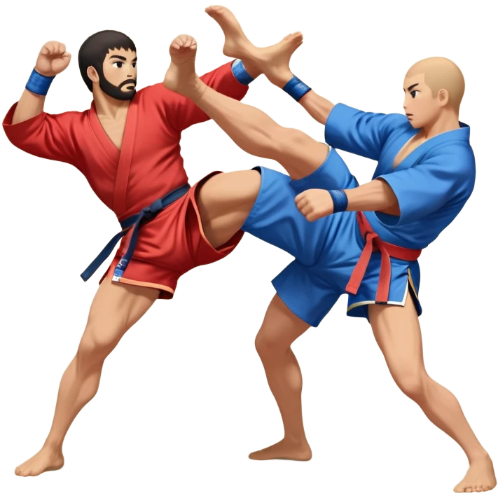 An icon symbolizing Sambo, featuring two fighters in blue and red kimonos with shorts and wrestling shoes. One executes a powerful throw, while the other attempts a defensive grab. The fighters are engaged in a grapple, using joint locks and sweeps.  emoji