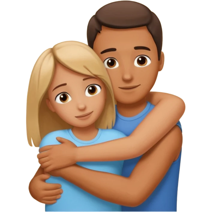 Un homme fait un câlin à sa sœur. Au dessus d’eux il y a le texte ´Gros câlin’ emoji