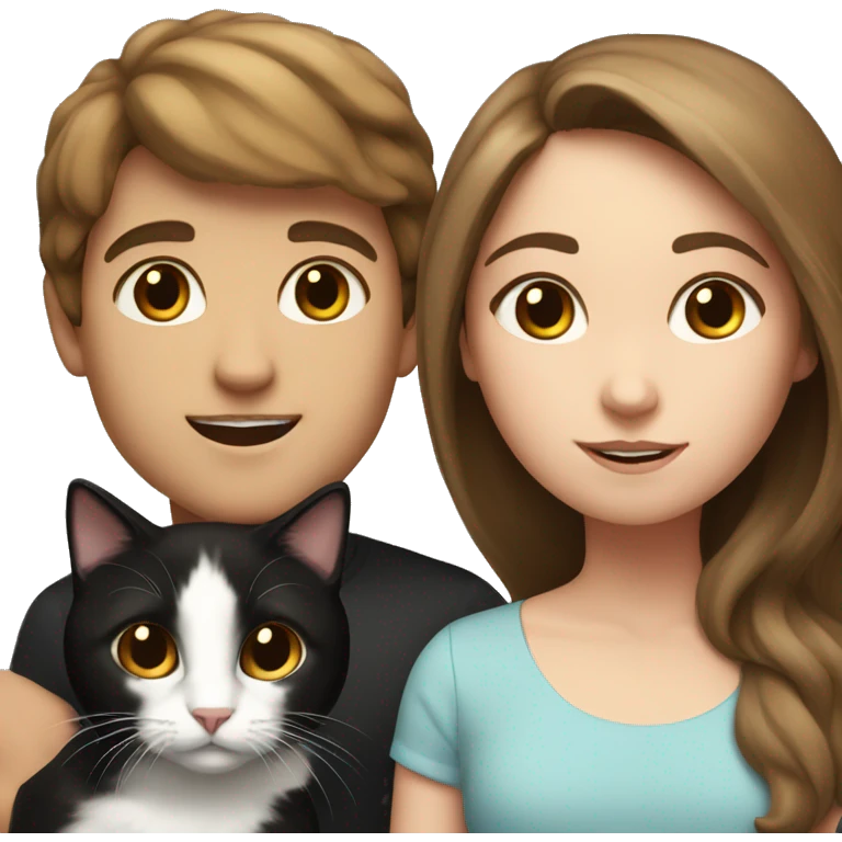 Girl and boy with brown hair and black and white cat emoji