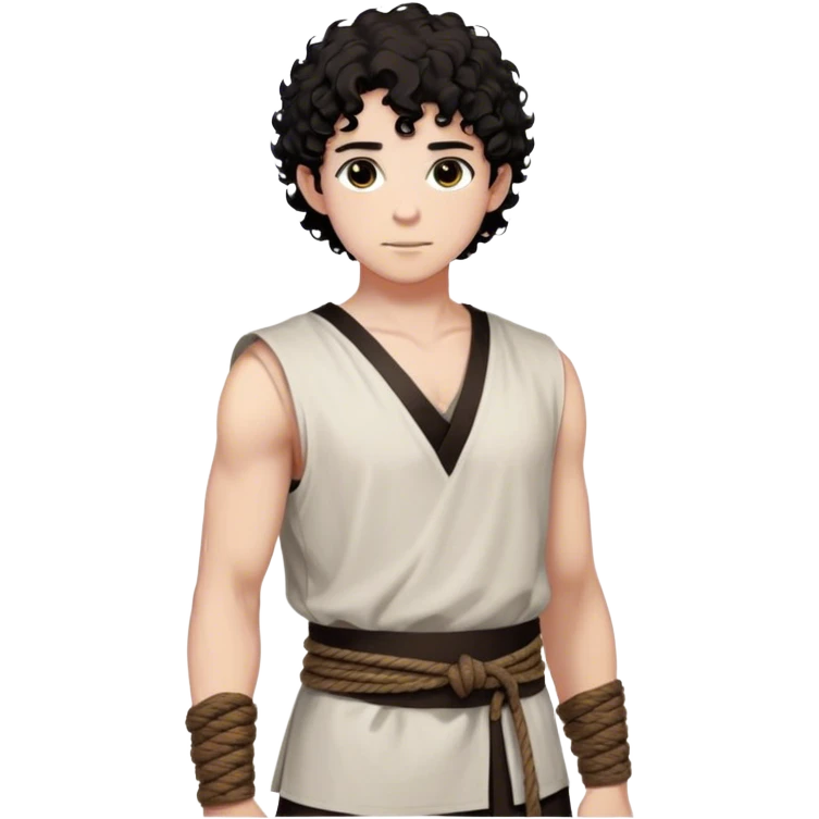 medieval summer outfit worn by a DnD themed fantasy male character. basic sleeveless cotton tunic with a V-shaped neckline and a thin rope belt. clothes only above the waist. The clothes full waist. The character's haven't arms. character is white-skinned, black hair, brown eyes, short curly hair. emoji