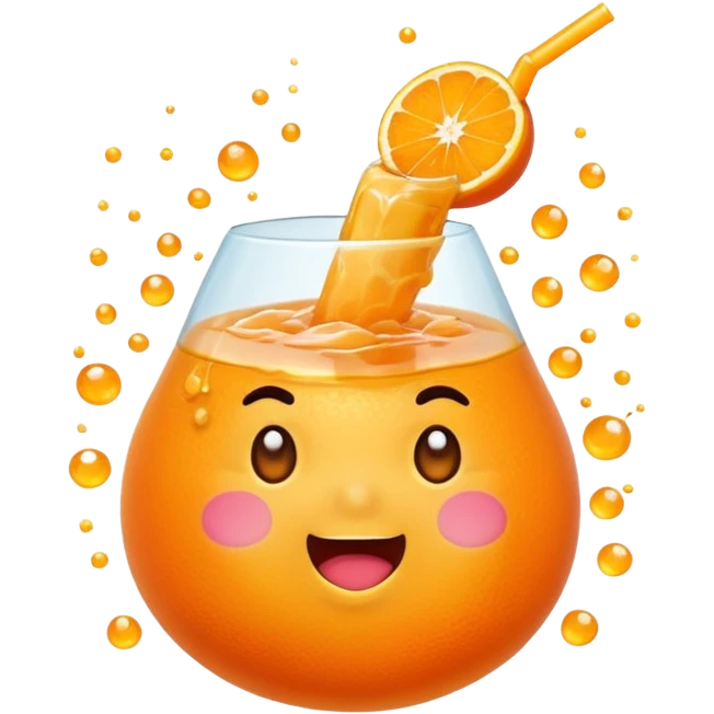Cute mandarin emoji exploding with juice, chubby shape, sparkles, playful expression, kawaii style, transparent background. emoji
