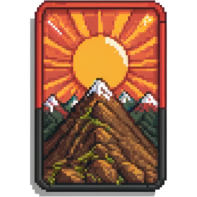 A pixel art icon with a red rectangle, rounded corners, white sub-rectangle with black border, black mountains, sun, and four red stripes. emoji