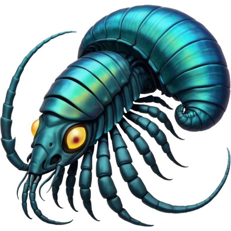 An iridescent, chitinous trilobite with glowing cyan eyes pulses rhythmically as a miniature black hole orbits its brow, distorting space-time. Its fractal-patterned exoskeleton shifts colors unsettlingly, and its mouth opens into a spiraling void that hums with forgotten whispers. emoji