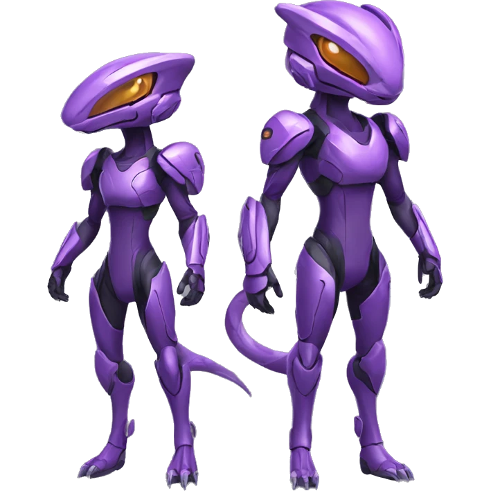 A purple Reptile-Raptor-Genesect-Mewtwo-Fakémon, with a futuristic visor-helmet, wearing a techwear-suit, Full Body emoji