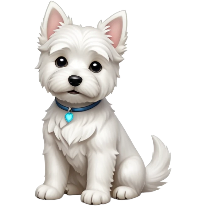 cinematic-[west highland white terrier]-realistic-full-body-sitting-emoji,-tail-resting-loosely-beside-its-paws,-head-tilted-dramatically, dooped ears -wavy-[white-fur,-simplified-yet-realistic-focused-features,-highly-detailed,-glowing-with-an-almost-sarcastic-glow emoji