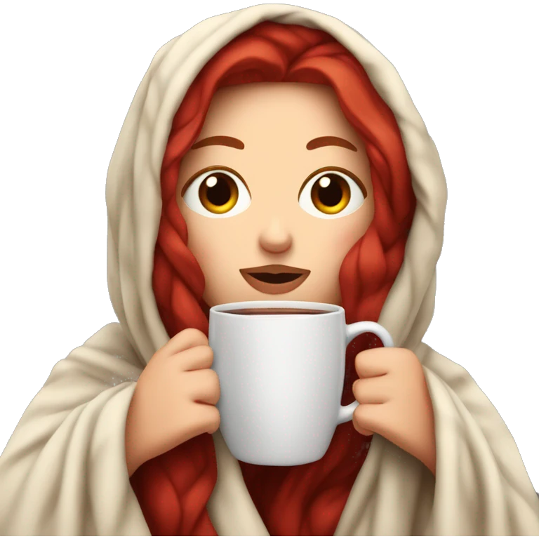 white girl with red wine hair inside a blanket sipping coffee eyes closed emoji