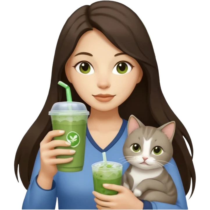 a brunette woman with long hair in here 30S drinking an iced matcha, carrying a grey cat and a map of the world emoji