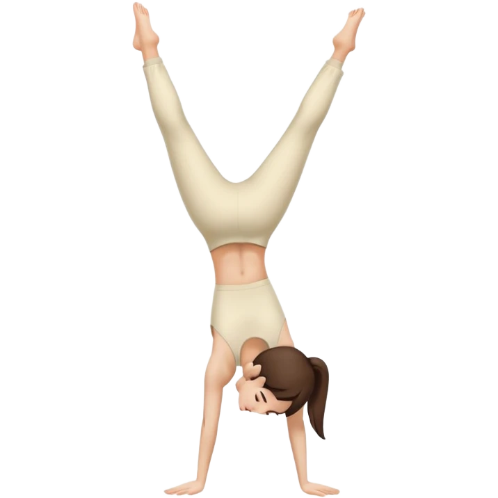 Brunette Girl side view handstand legs together straight legs iin cream pants emoji