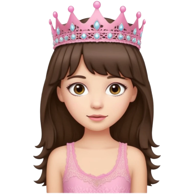 super long haired brunette with middle part curtain bangs cute pink lacy tank with a pink tiara on head, white but with a little bit of tan emoji
