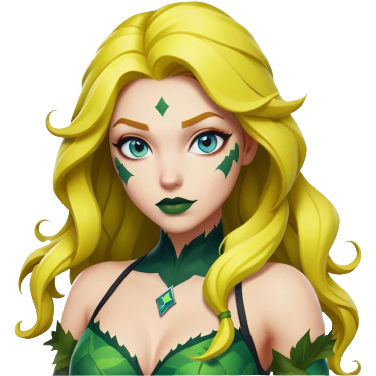poison ivy fortnite skin blue eyes, dark light green lips, yellow hair  emoji