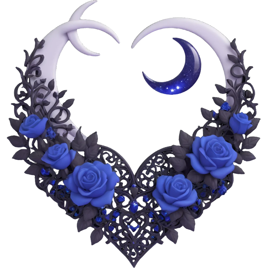 gothic heart, midnight blue glass, silver crescent moon, tiny black roses, shimmering stardust, black lace veil emoji