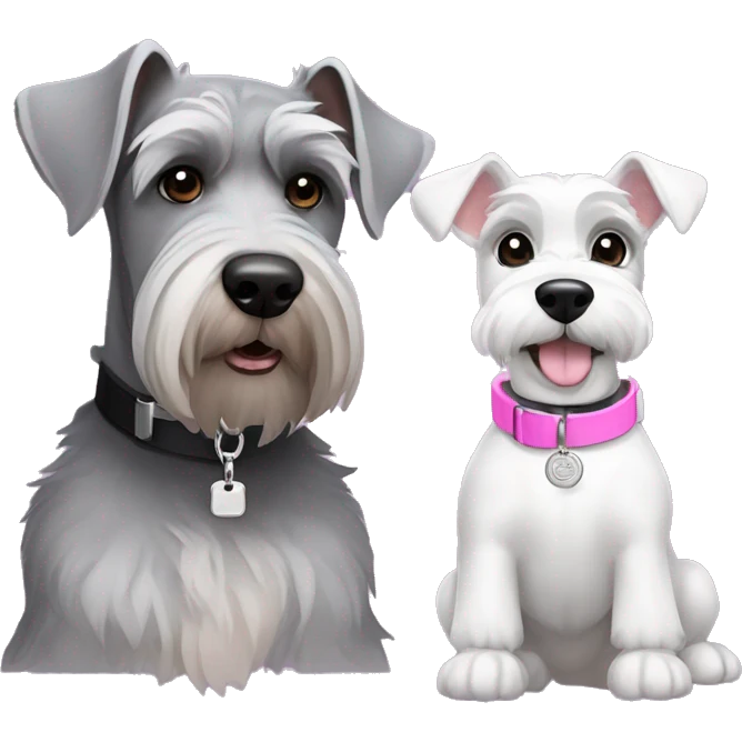 A big gray schnauzer with dark eyes wearing a black collar with a silver dog tag next to a small all white puppy schnauzer wearing a pink collar  emoji