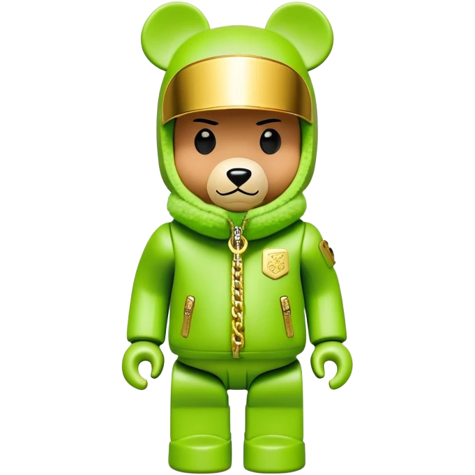 museum-quality bearbrick figure with perfect cubic proportions, lime green balaclava with seamless integrated golden visor lens, ultra-luxury designer down jacket with prominent branding and premium plush fur trim throughout, detailed gold chain accessories, fashion statement piece emoji