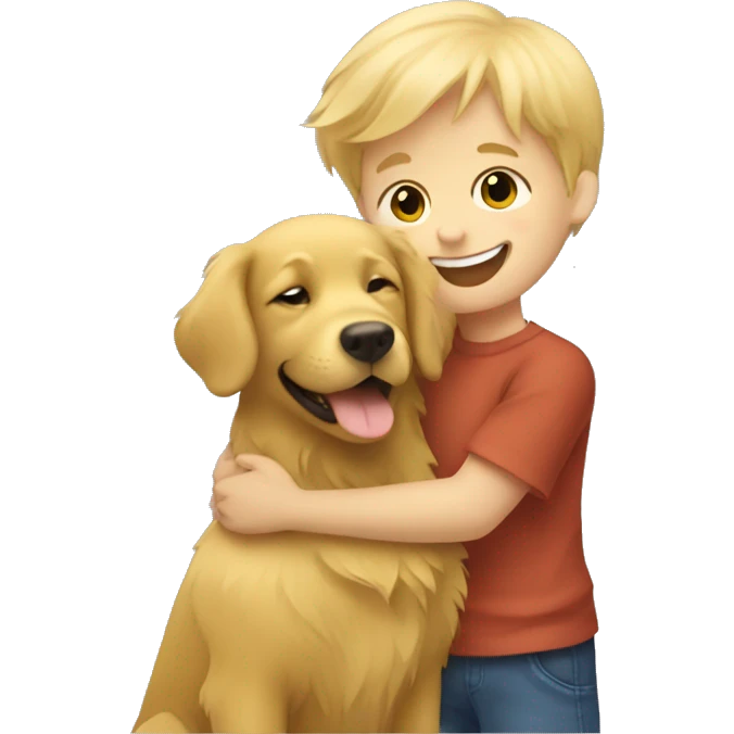 little blonde boy hugging a happy golden retriever  emoji