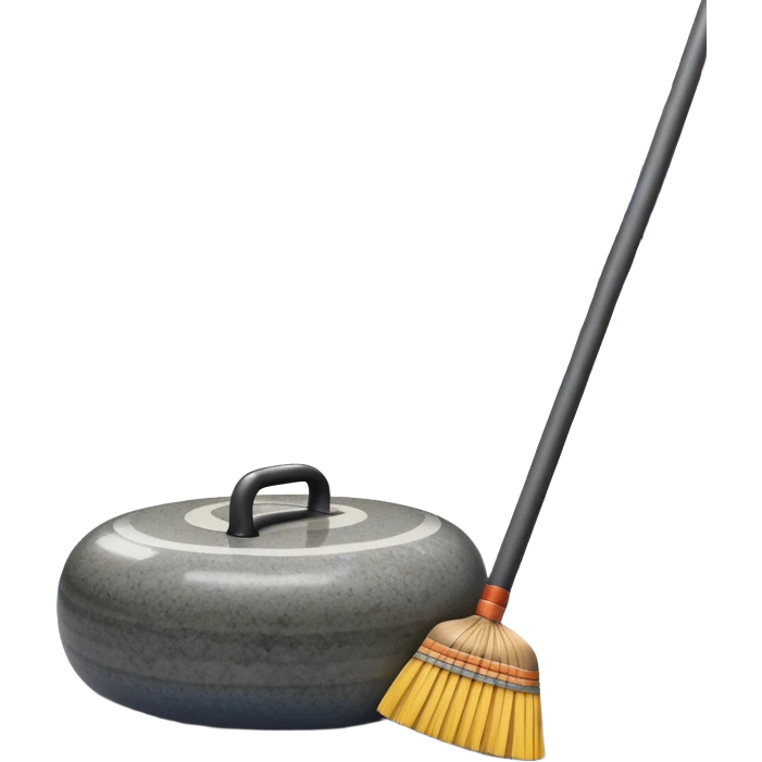 An icon showing a detailed close-up of a curling stone sliding across the ice, with a broom in motion beside it. The background features an indoor stadium with cheering spectators on the stands. Transparent background captures the strategy and focus of curling. emoji
