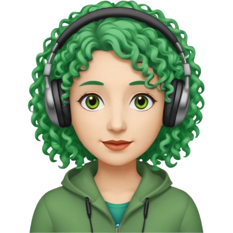 green haired earringed heaphone wearing middle aged woman very very curly long haired and hazel small eyes emoji