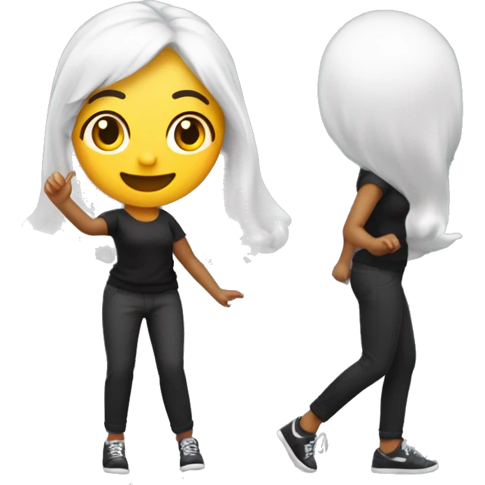 mulher pequena, branca de calça preta e blusa preta com detalhe prateado ,cabelo longo dançando e cantando com o microfone na mão escrito Alê emoji