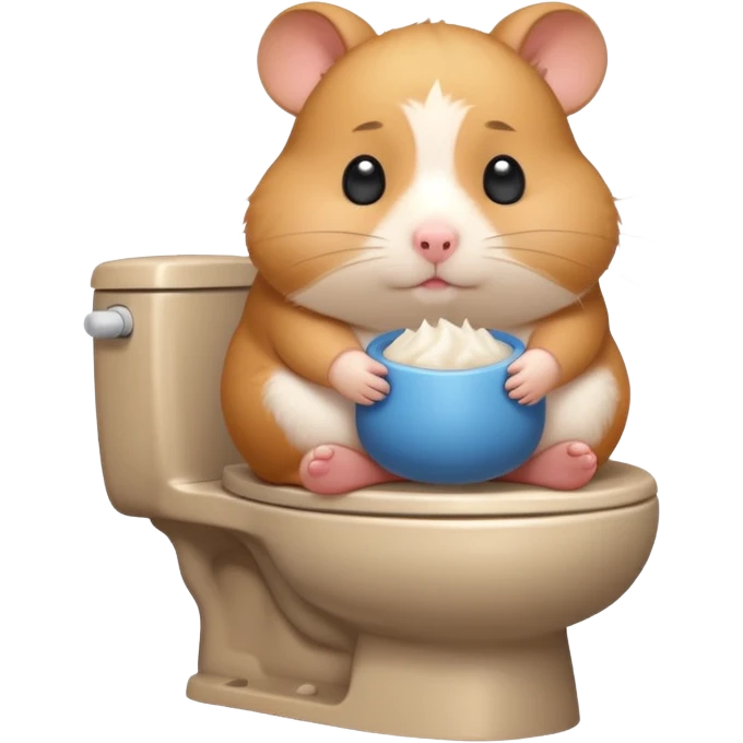 Cute chubby cartoon-style hamster sitting on toilet pooping looking guilty with thought bubble thinking about chilli  emoji