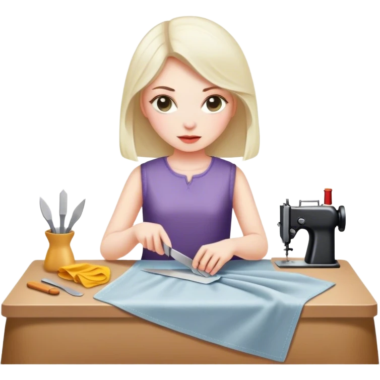 Девушка которая режет ткань за столом  emoji