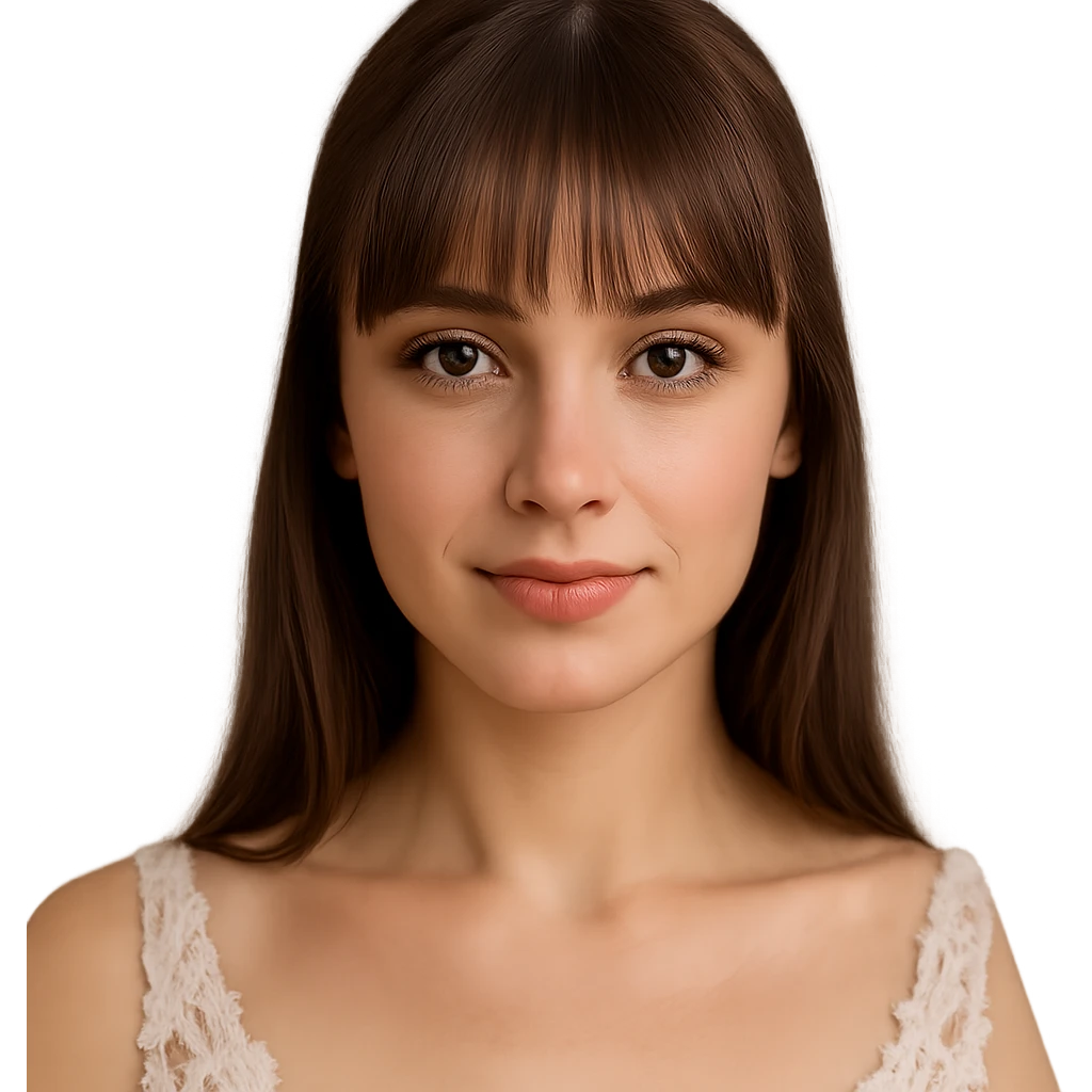 bride with light skin, hazel eyes, brunette straight hair with bangs, close-up portrait, soft background emoji