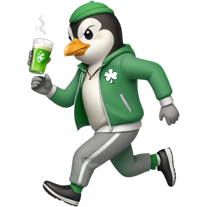 full body friendly anthropomorphised penguin wearing green mafia-style tracksuit, angry, running determined sprint, shamrock accessory, no drink emoji