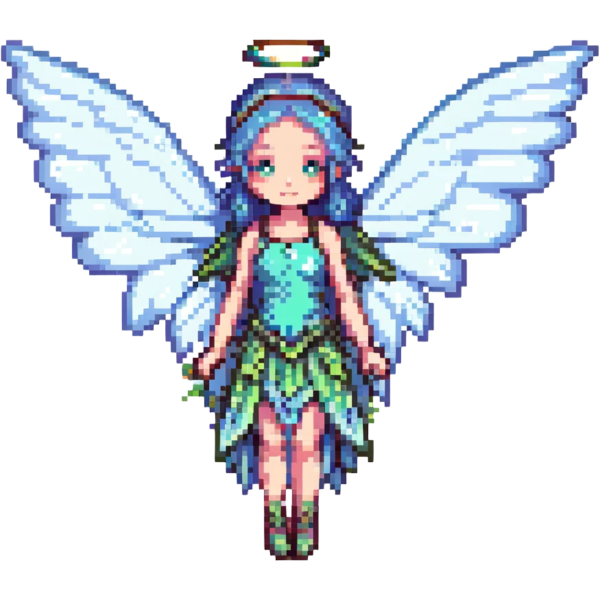 a fairy with large transparent wings, pixel art style emoji