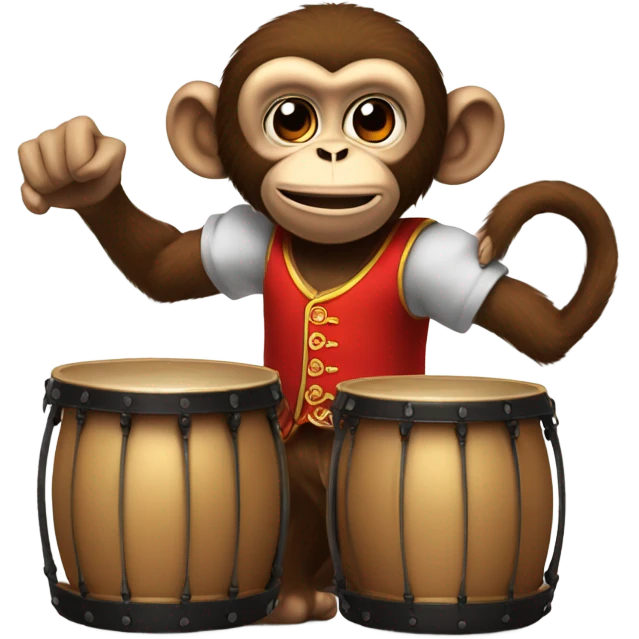 the monkey is beating the kettledrums and is wearing a red vest emoji