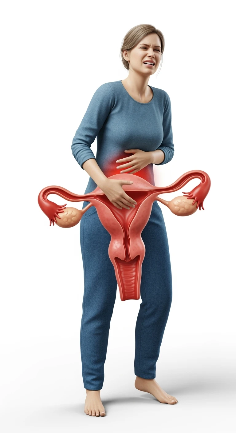 donna a figura intera con utero umano realistico in 3d in evidenza dolorante, espressione di dolore in volto, sfondo bianco, non farla computerizzata, ma iperrealistica 4k emoji