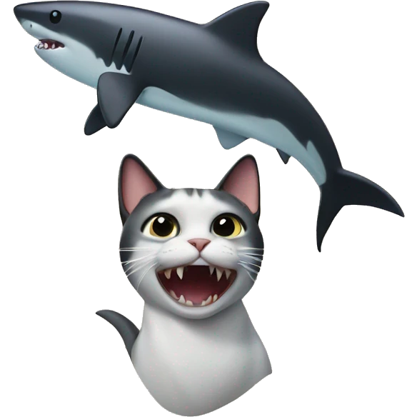 Cat with shark head and black tail and shark on top emoji