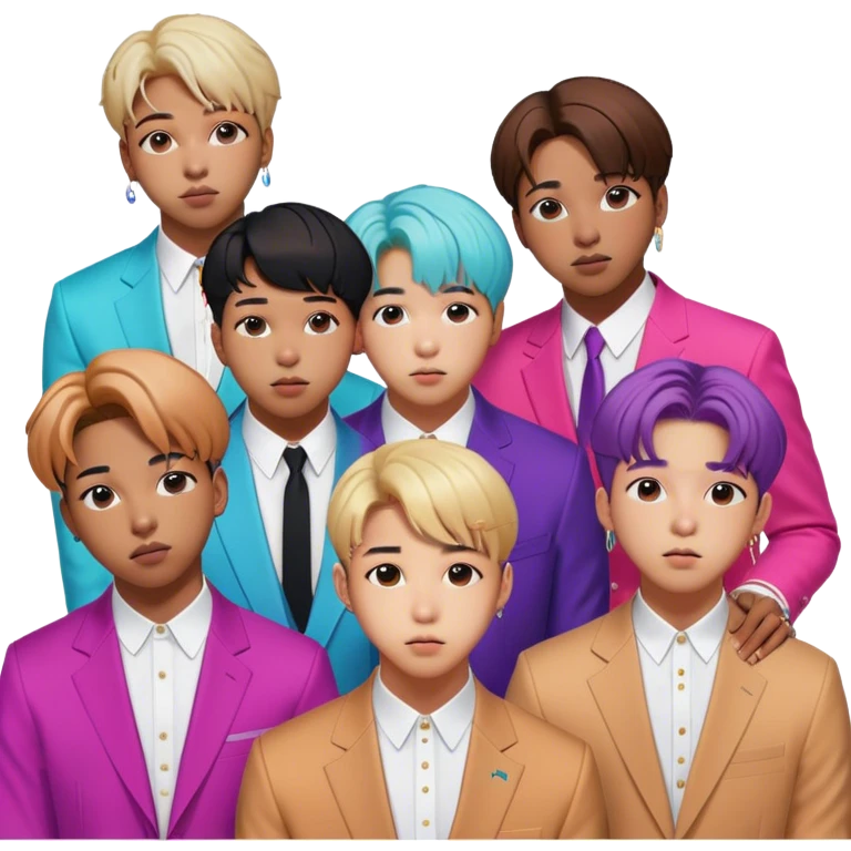 Cinematic Realistic group portrait of BTS featuring all 7 members in stylish modern attire, with detailed facial expressions and vibrant colors, captured in dynamic, contemporary lighting that emphasizes their global pop icon status emoji