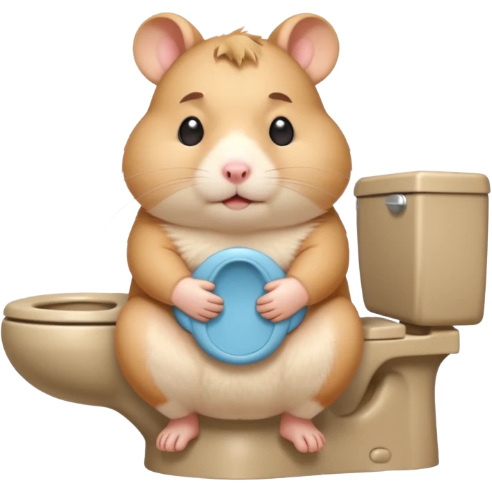 Cute chubby cartoon-style hamster sitting on toilet pooping looking as if he had an accident emoji