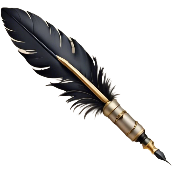 Create a delicate, artistic emoji representing poetry. The design should include a black fountain pen or quill with ink flowing gently onto a piece of parchment or scroll. Add soft, flowing lines to represent the fluidity of verse and creativity. Include elements like a small ink bottle or a feather in the background, and subtle accents of gold or silver to evoke elegance and inspiration. The overall design should feel light, romantic, and whimsical. Make the background transparent. emoji