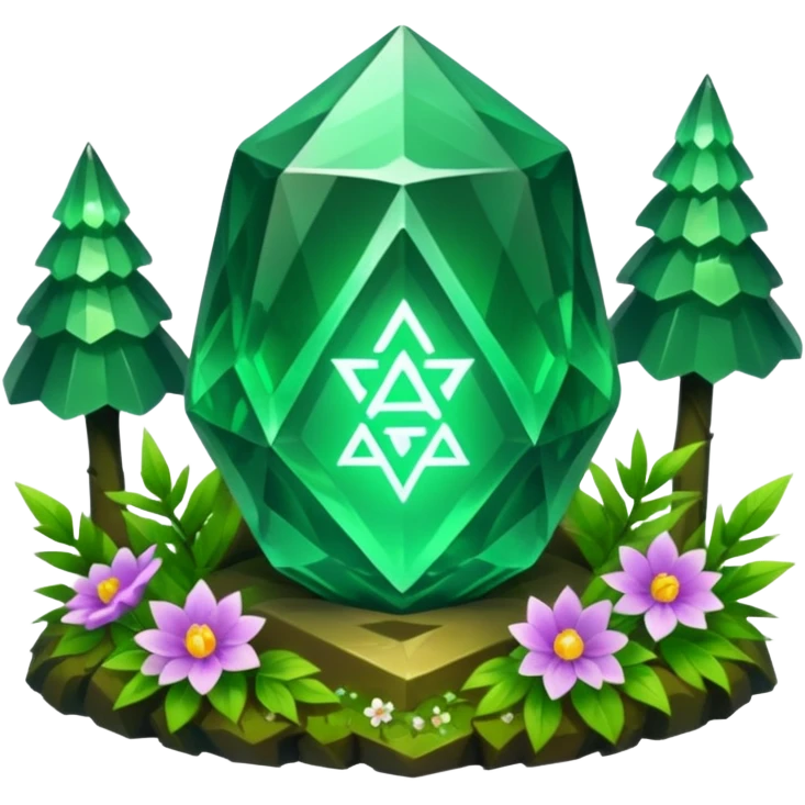 green crystal with runes in forest and flowers emoji