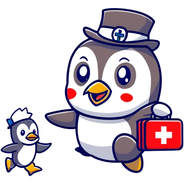 side view of a doctor penguin running with a top hat holding a first aid medical box with a red cross emoji
