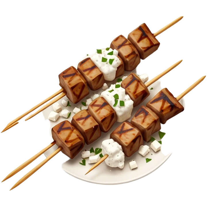 Souvlaki Cinematic Realistic Souvlaki Dish Emoji, depicted as skewered, grilled meat served with a side of crumbled feta cheese, rendered with rich textures and dynamic, appetizing lighting. emoji