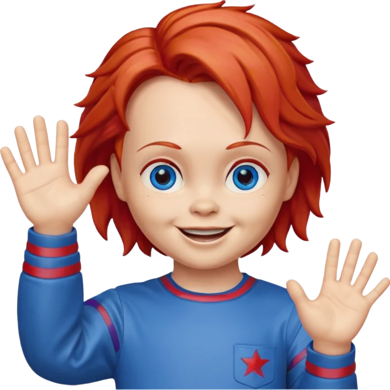 Can you create an emote for me referencing the Chucky character, with a happy and cute expression, that's waving emoji