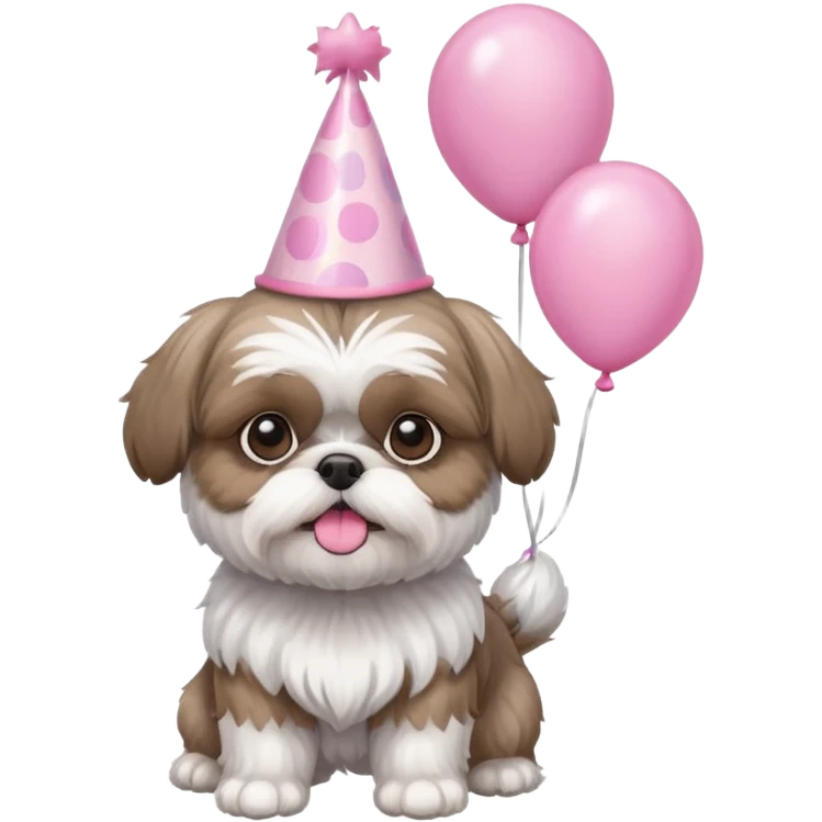 cute shih tzu hold a few pink balloons  with pink birthday hat emoji