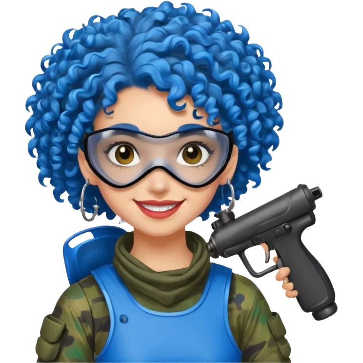 blue curly haired paintball player girl with huge earrings, wearing paintball mask emoji