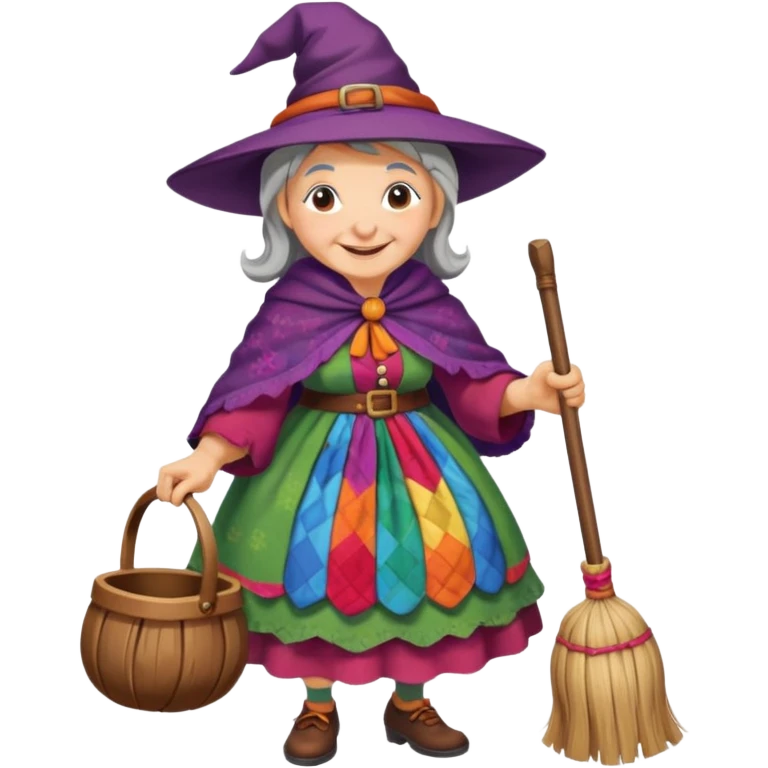Befana flying on a broomstick: friendly old witch with a warm smile, big nose, rosy cheeks, wearing a colorful patchwork dress and shawl, riding a classic wooden broom. emoji