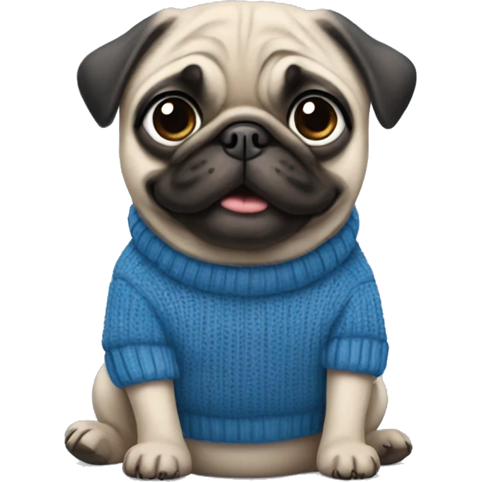 pug wearing blue sweater with ships like a princess Diana emoji