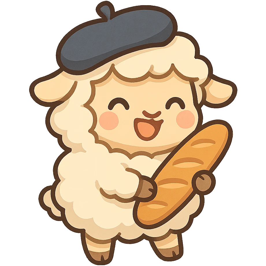 French sheep with a beret, carrying a baguette, cheerful style, chibi stickers style emoji