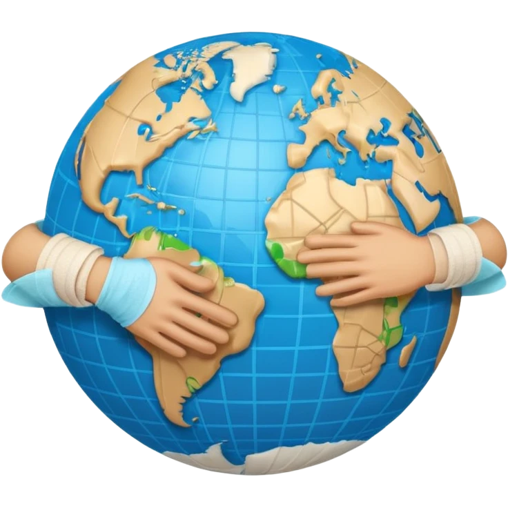 Generate an emoji of two hands shaking in front of a globe. Have a bandage wrap around the globe in the background. emoji