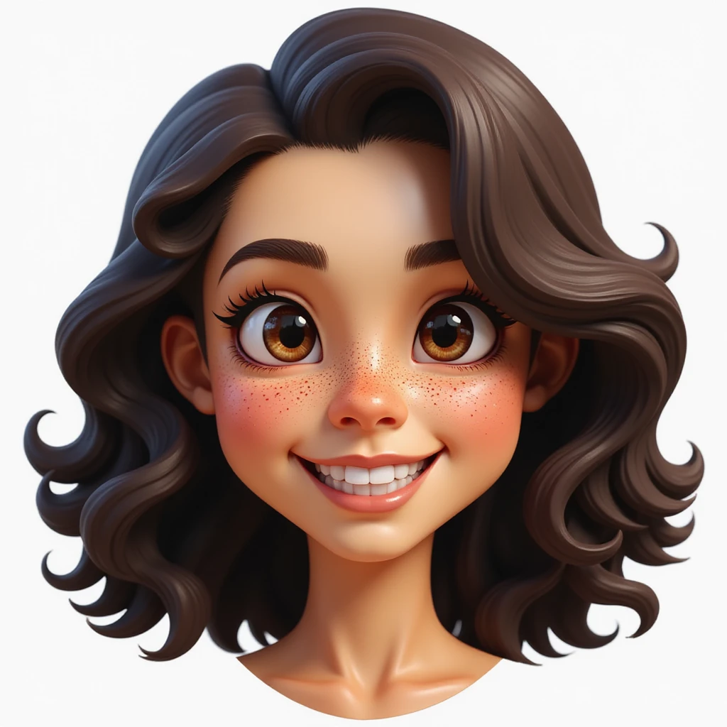 realistic emoji of a woman, shoulder-length dark curly hair, broad smile with teeth, expressive almond eyes, freckles, smooth glowing skin, friendly and serene emoji