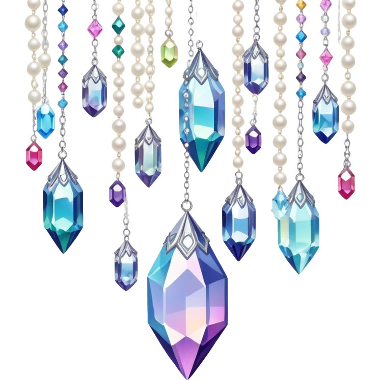 Iridescent big giant glistening glossy sparkly shiny glittery hanging crystals pearls and beads and gemstones scenery scenic decorations emoji