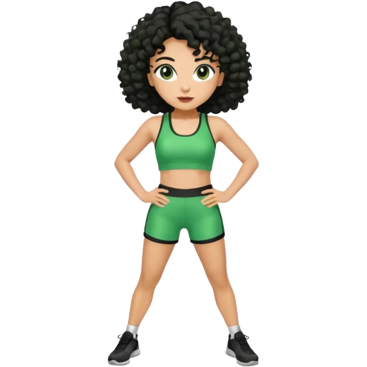 woman with olive skin and curly black hair wearing a green workout outfit (shorts) and standing in a disco pose emoji