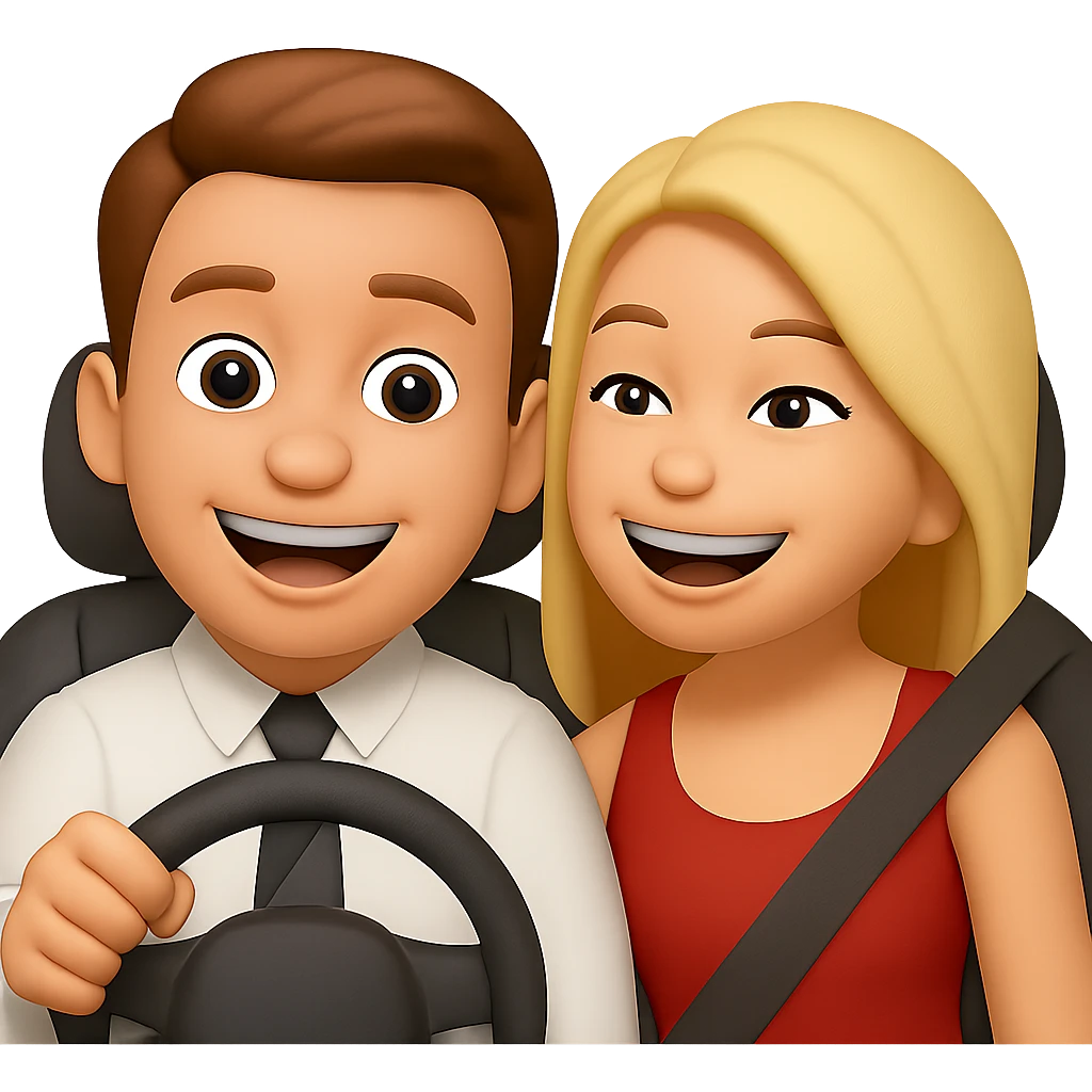 Two emoji characters sitting together in a car, both visible and smiling, enjoying a drive, transparent background. emoji