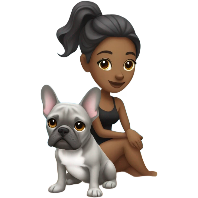 Colleen with grey French bulldog on beach emoji